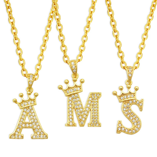 Luxury Stainless Steel Cubic Zirconia Initial Name Crown Letter Pendant Necklace For Women Hip Hop Punk Girl Alphabet Jewelry