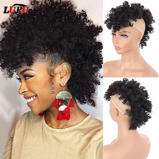LUPU Synthetic Chignon for Black Women African American Mohawk Kinky Curly Hair Bun Afro High Puff Short Ponytail with Bangs