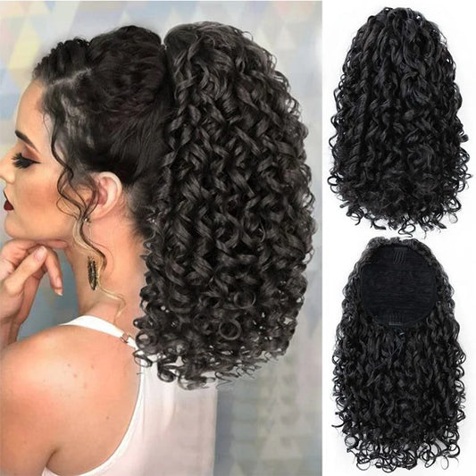 14'' Kinky Curly Ponytail Hair for Women Short Fluffy Curly Drawstring Ponytail Natural Synthetic Afro Curly Fake Tail Hairpiece